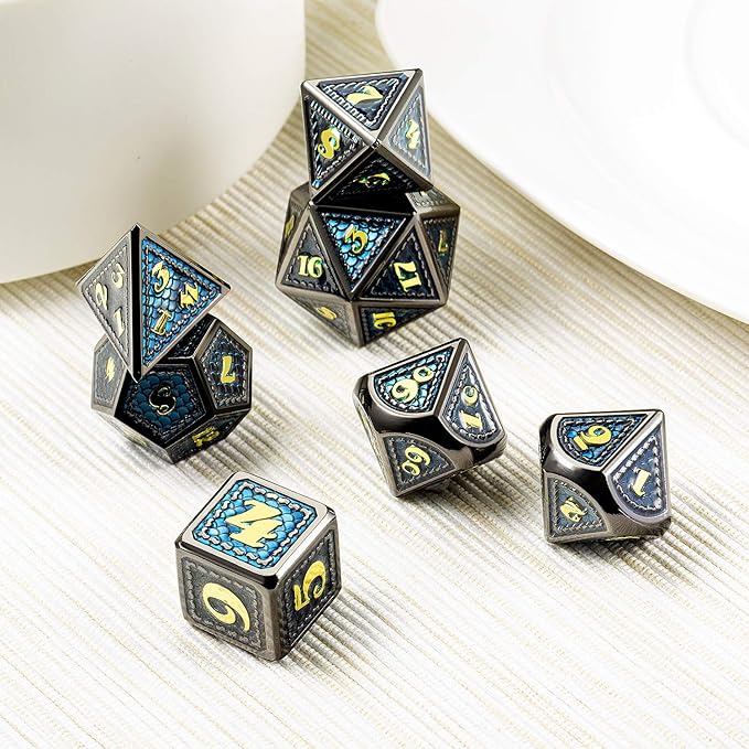 DNDND Metal Dice, 7 PCS Dragon Scale Metallic DND Die with Gift Metal Case for Dungeons & Dragons D&D (Teal with Black Edge)