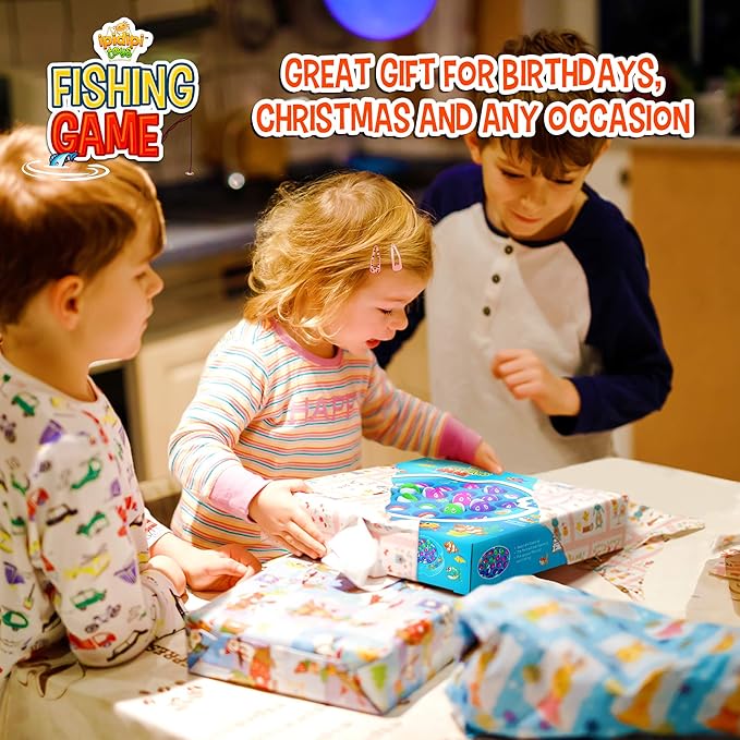 IPIDIPI TOYS Fishing Game for Kids - Magnetic Fishing Set for Toddlers - Rotating Fish Board with Music, Educational, Fine Motor Skill Activity for Boys and Girls - 45 Fish, 8 Poles