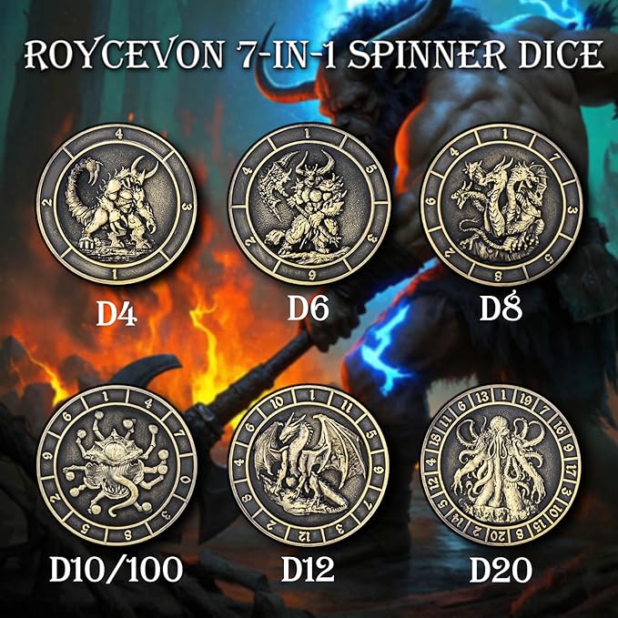 7 in 1 Spinner DND Dice Set D&D, Metal D and D Dice with Gift Box, Dungeons Dragons Role Playing Dice, Black Bronze