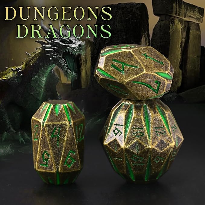 DND Metal Dice Set, ZHOORQI 7 Pcs Polyhedral Dice, Perfect for Dungeons and Dragons, RPG Role Playing Games - Unique Cool Dice with Stonehenge Themed Design for Game Gifts（Bronze Green）