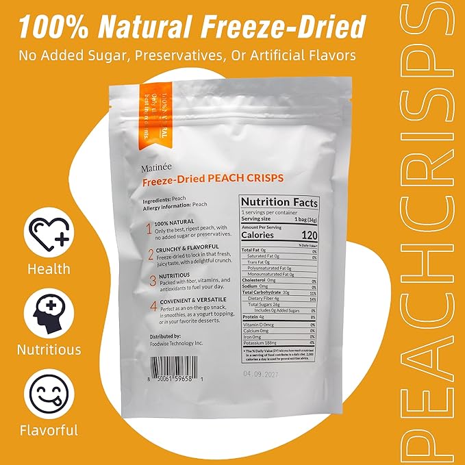 MATINÉE Freeze Dried Peaches, Dehydrated Fruit, Dried Fruit Snack for Baking, Yogurt & Kids Treats-Vegan, Non-GMO, Preservative Free, 1.2oz, 34g (Pack of 4 Bag)