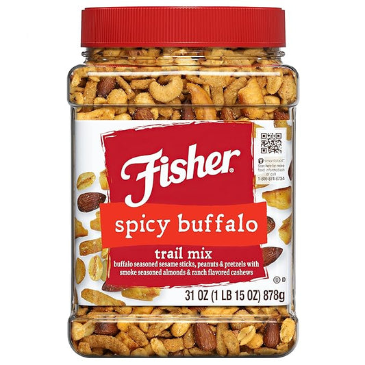 Fisher Spicy Buffalo Bulk Trail Mix, 31 oz Jar; Buffalo Seasoned Sesame Sticks, Peanuts & Pretzels with Smoked Seasoned Almonds & Ranch Flavored Cashews; Hot Spicy Snack Mix, Snacks for Adults