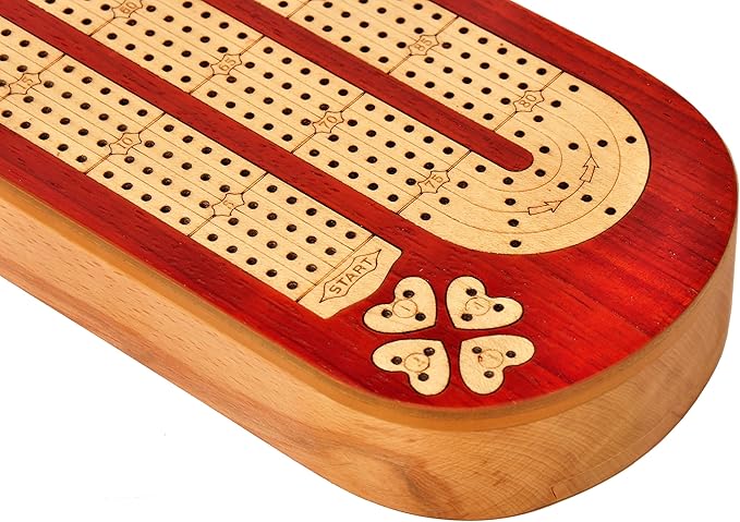 PALM ROYAL HANDICRAFTS 4 Track Wooden Cribbage Board Game Set Inlaid in Blood Wood and Maple Wood with pegs and Cards Storage Available. 4 Player Cribbage Board Game (15 x 5 Inches)