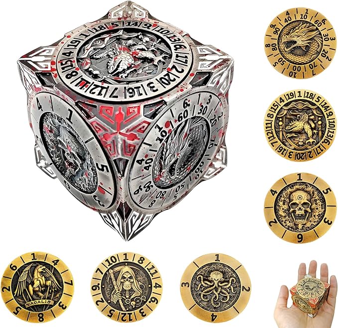 2025 New DND Spinner Dice, 7-in-1 Metal Dice Set with 3D Relief for Dungeons and Dragons Gifts, Polyhedral Roleplaying Game Dice, Fantasy D&D Tabletop RPG Accessories for DM & Player (Bloodstains)
