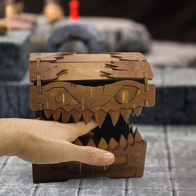 Mimic Chest for Dungeons and Dragons Tower with Tray Wood Laser Etched Cthulhu Portable and Collapsible Dice Roller Perfect for Board Game and Tabletop RPG