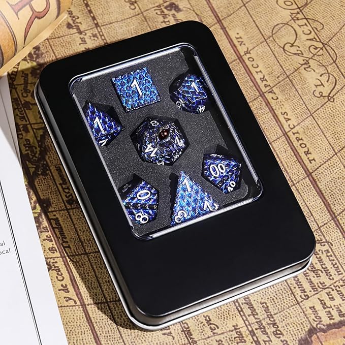 Metal Dice Set D&D,7 PCS Dragon Scale Metallic DND Dice Set,Dragon Eye Metal Dice with Gift Metal Box for Dungeons and Dragon Tabletop Game (Glitter Blue Dragon Scale & Red Eye)