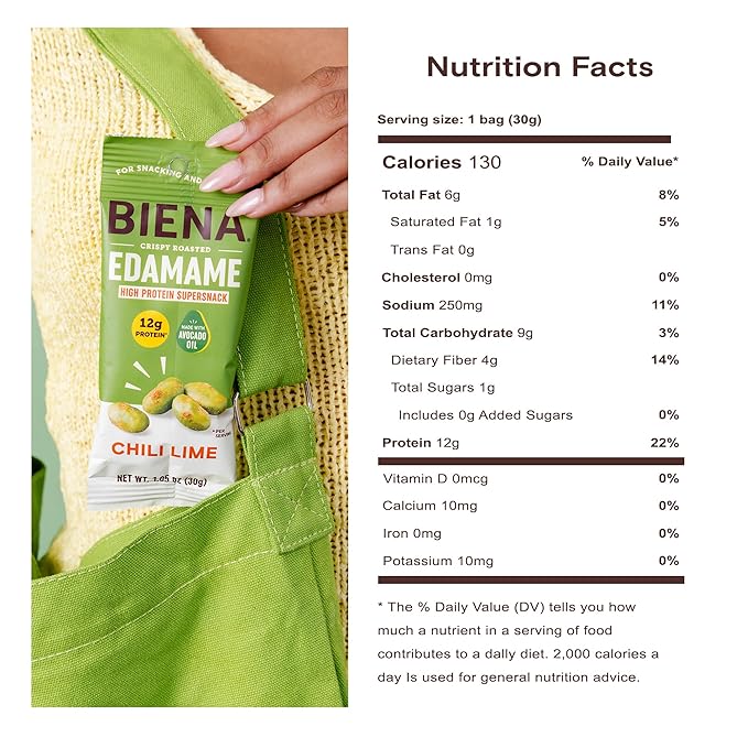Biena Crispy Roasted Edamame Beans Snack – High Protein Low Carb Snack for Adults & Kids, 12g Protein per Serving - Made w/Avocado Oil – Vegan, Gluten-Free – 10-Pack, 1.05oz Bags, Chili Lime
