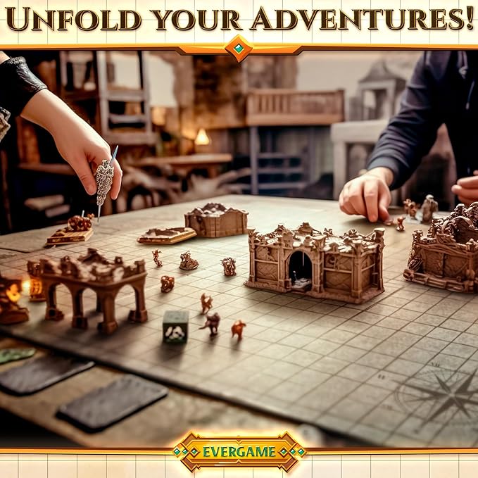10 DND Game Mats and a lot More - Includes 6 Dungeons & Dragons Board Game Battle Maps (1" Square Grid), Huge Size 22x26-4 3D Battle Arenas, 140+ Reusable Stickers, 4 Markers & Eraser, by EverGame