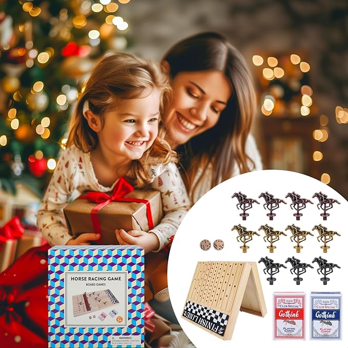 Large 23 inches Horse Race Board Game, Premium Durable Foldable Wooden Box, Horse Racing Game with 11 Retro Metal Horses, 2 Dices and 2 Playing Cards Fun Family Night Games for Adults Kids