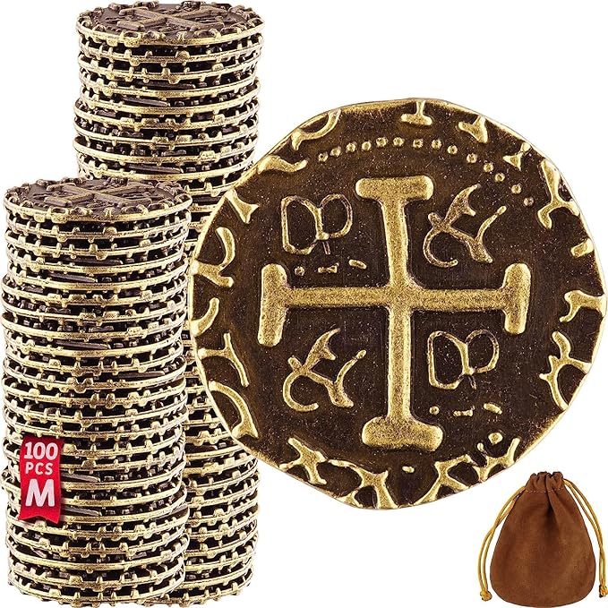 Metal Pirate Coins - 100 Medium Bronze Treasure Coin Set, Metal Replica Spanish Doubloons for Board Games, Tokens, Toys, Cosplay, Realistic Money Imitation, Pirate Treasure Chest, Diameter 7/8"