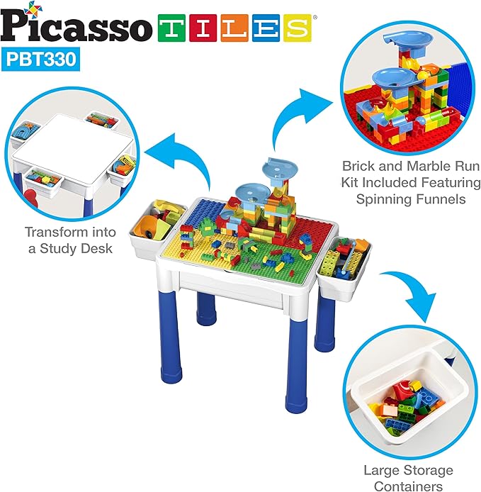 PicassoTiles Kids Activity Center Play Table & Study Desk Set Sandbox Water Tight Container Storage All-in-1 STEM Toy Kit Playset with 331pc Dual Size Building Bricks Construction Blocks Marble Run