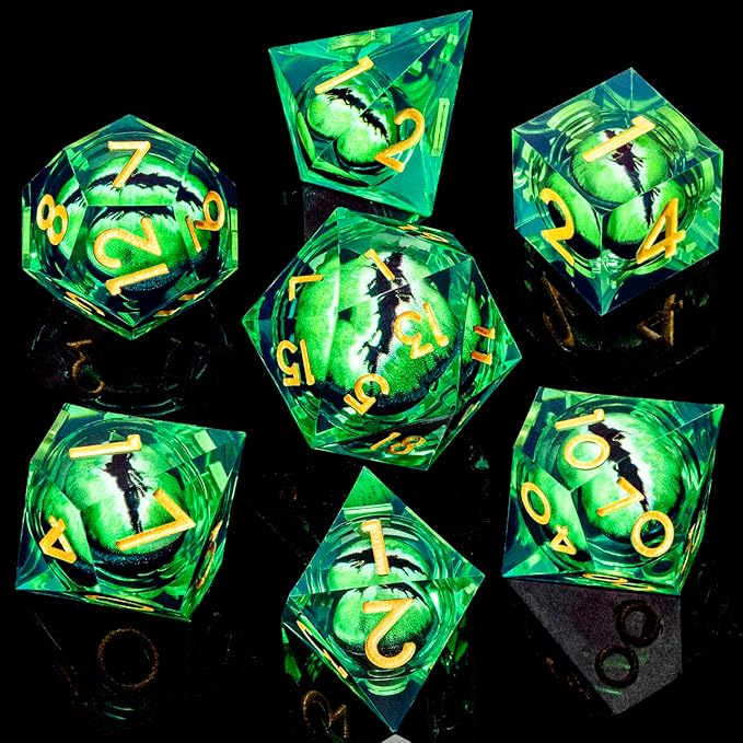 ARUOHHA DND Resin Dice Dragon Eye Dice Liquid Core Green Sharp Edged Dice Set with Gift Box, Dungeons Polyhedral D and D Dice Set Compatible with D&D Role Playing Game D20 D12 D10 D8 D6