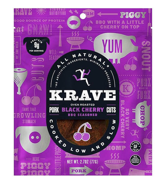 KRAVE All Natural Pork Jerky, Black Cherry BBQ - Protein Packed Snacks Roasted for Maximum Flavor - Premium Tender Meat Cuts - Gluten Free - 2.7 Ounce
