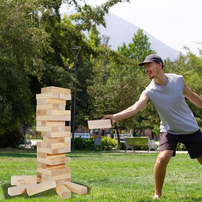 Olsa Jumbo Tumble Tower Outdoor Games 60pcs Large Blocks Stacking Lawn Yard Game for Kids Adults Family Stack to Over 5FT Giant Family Party Games for Holiday