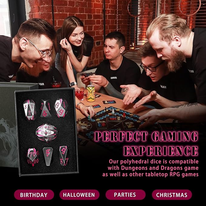 DND Metal Dice Set, ZHOORQI 7 Pcs Polyhedral Dice, Perfect for Dungeons and Dragons, RPG Role Playing Games - Unique Cool Dice with Stonehenge Themed Design for Game Gifts（Black Pink）
