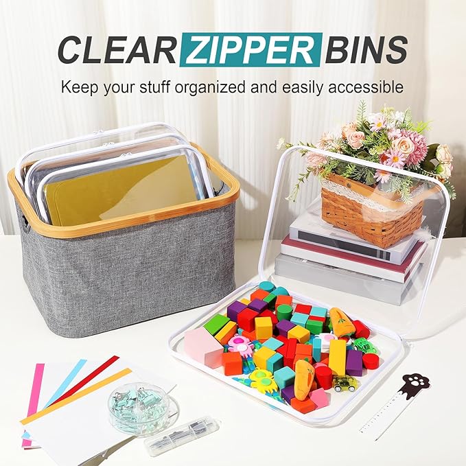 Hoolerry 4 Pcs Hard Clear Zipper Case Transparent Cases for Snacks Makeup Bag Plastic Storage Box Containers for Building Blocks, Puzzles, Cosmetics (White,13.8 x 11.8 x 2 in)