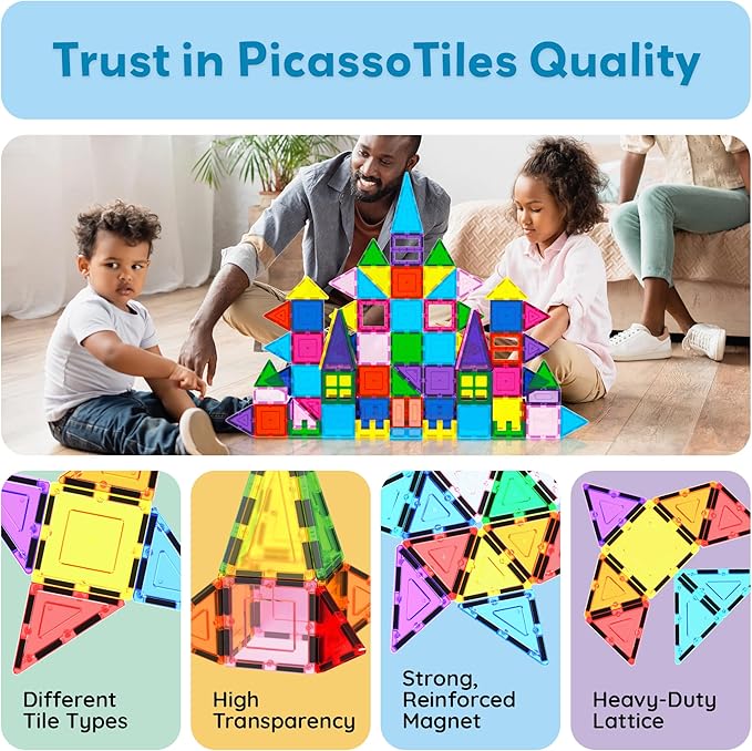 PicassoTiles 101pc Magnetic Tile Building Blocks with Car Base Drawstring Carry Toy Storage Bag Magnetized Block for Kids Magnet ToySet Educational STEM Learning Child Brain Development Ages 3+ PC101