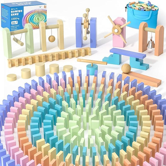 VigorFun 1000+ PCS Dominoes Set for Kids - Wooden Dominos with Extra Blocks and Storage Bag, Building Stacking Game Toys for 3+ Year Old Boys Birthday Gifts