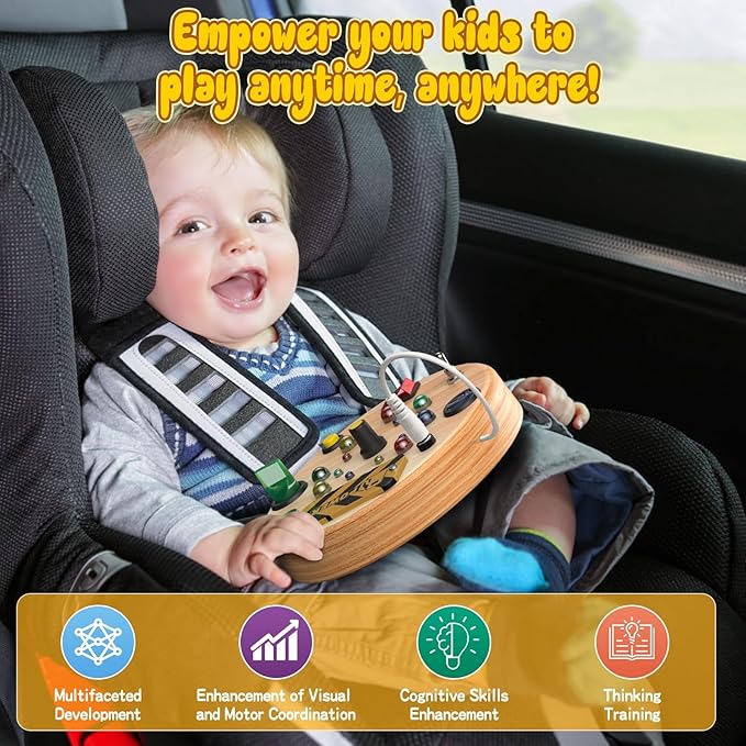 Busy Board, Montessori Toys for 1-3 Year Old - Wooden Sensory Toy with LED Light Switches, Travel Toddler Toys for 1+ Year Old Boys & Girls | Educational Gift for Kids