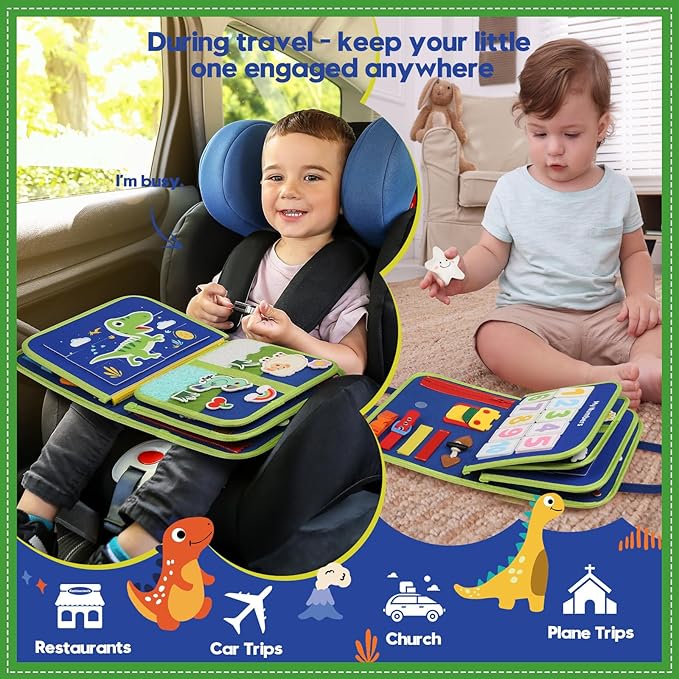 Toddler Sensory Busy Board: Travel Toy Activity Book for Girls Boys, Motor Skill Development Gift for Baby Aged 3-4 Years, Fine Educational Preschool Montessori Learning Toy for Car Airplane Dinosaur