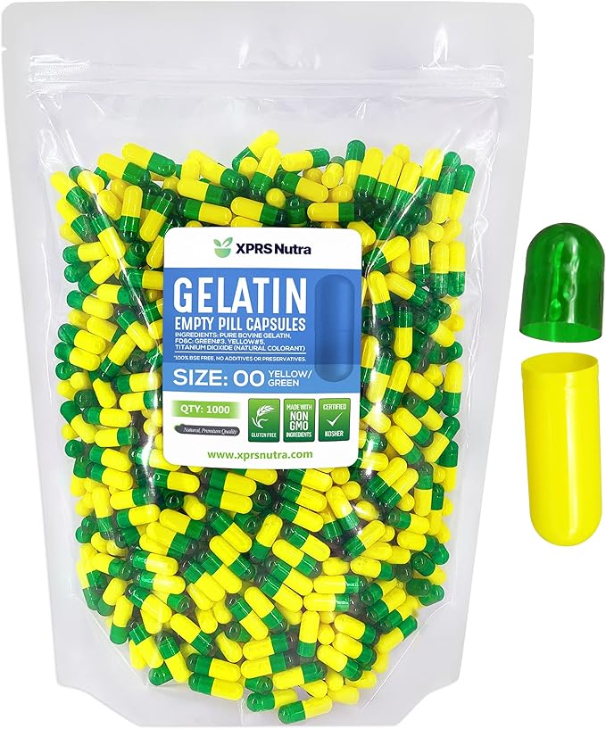 XPRS Nutra Size 00 Empty Capsules - 1000 Count Empty Gelatin Capsules - Pills DIY Capsule Filling - Fillable Pill Gel Caps for Do-It-Yourself Supplements (Green/Yellow)