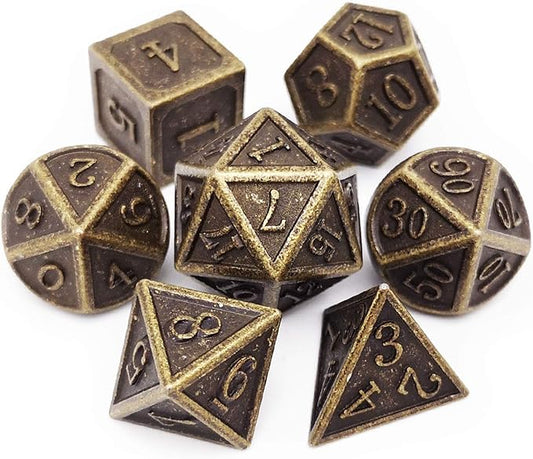 Haxtec DND Metal Dice Set 7PCS D&D Dice of D20 D12 D10 D8 D6 D4 for Dungeons and Dragons RPG Dice Games-Antique Bronze Dice