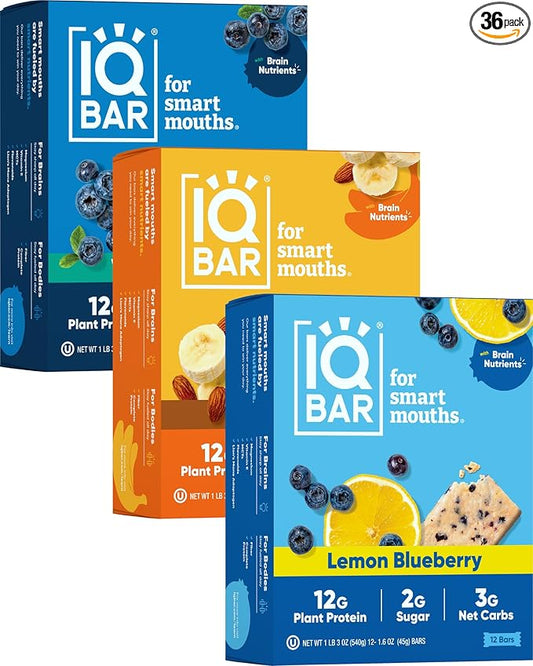IQBAR Brain and Body Plant Protein Bars - Fruit Lovers Variety - 36-Count Low Carb - Gluten Free, High Fiber, Vegan Snacks - Low Sugar Meal Replacement