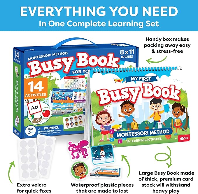 Montessori Preschool Busy Book for Toddlers Ages 3 and Up - Preassembled Preschool Learning Activities Homeschool Montessori Toys - Gifts for 3 Year Old Boys - 4 Year Old Girl Birthday - Summer Toys