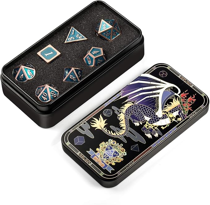 Teal D&D Metal Dice Set,DNDND 7 PCS Metallic Dungeons and Dragons Dice with Free Metal Case for D&D Game Role Playing (Teal and Copper)