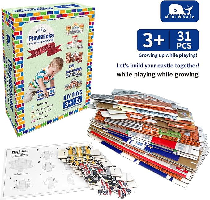 Cardboard Building Blocks, 31 Pack for Kids Jumbo With 5 Building Designs, Thick Pretend Brick Blocks for Building and Stacking Game