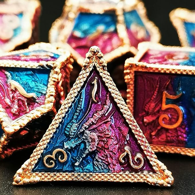 HAOMEJA DND Dice Metal Dragon Set Dice 7 Role Playing Dice D&D Solid Dice Dungeons and Dragons (Red Copper Blue Purple)