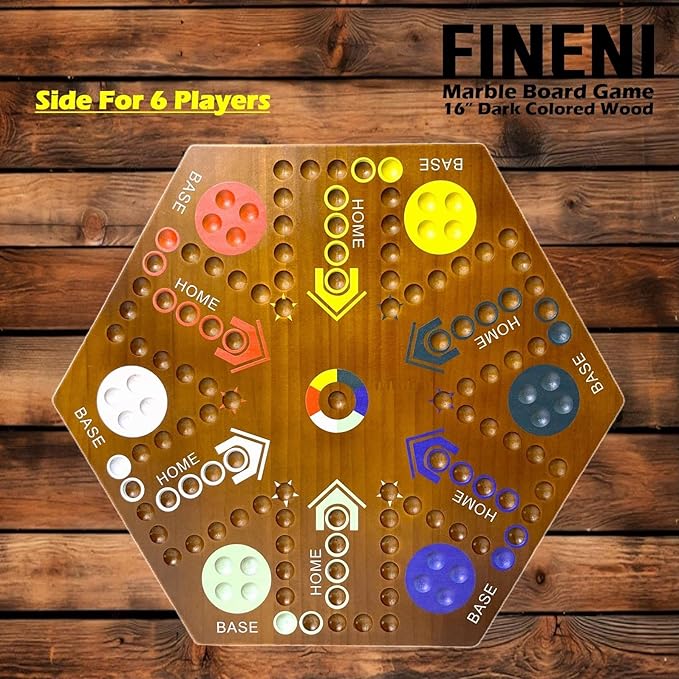 Wooden Board Games, Marble Board Game Original with Dual Sides Fast Track Board Game for 2 to 6 Players, Double Side Marble Game, 6 Colors 30 Marbles Set and 6 Color 6 Dice,Pouch (16" Dark)