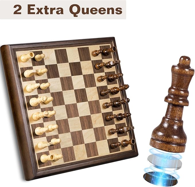 2 in 1 Magnetic Chess Set & Chinese Checkers 13" Wooden Board Game with Storage Drawer and 60 Glass Marbles + Bonus 12 Spare & 2 Extra Queens,for Kids and Adults