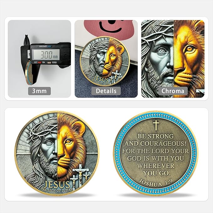 Half-Face Jesus Lion Religious Coin Inspirational Bible Verse Medallion Faith-Based Gifts for Spiritual Encouragement for Men & Women
