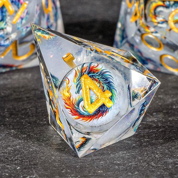 OUKELANWO Liquid Core Dragons Stickers DND Dice Set D&D, 7Pcs Dungeons D and D Role Playing Dice with Gift Box, Resin Sharp Edge Dice D20 D12 D10 D8 D6 D4, White Gold