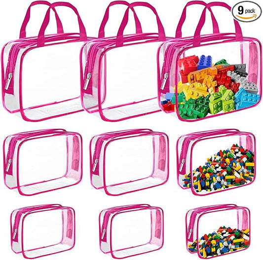 9 Packs Clear PVC Toy Storage Bags Toiletry Bags Waterproof Kids Zippered Toy Organizing Bags for Building Blocks Puzzle Stationery Rose
