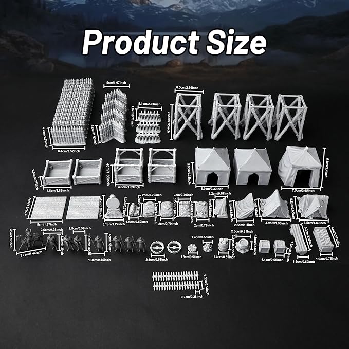 AUSPDICE AF676 Medieval Military Camp RPG Terrain Set for DND Map Building, Compatible with TTRPG Games, Modular Game Pieces with Barricades, Tents, Watchtowers, and Props