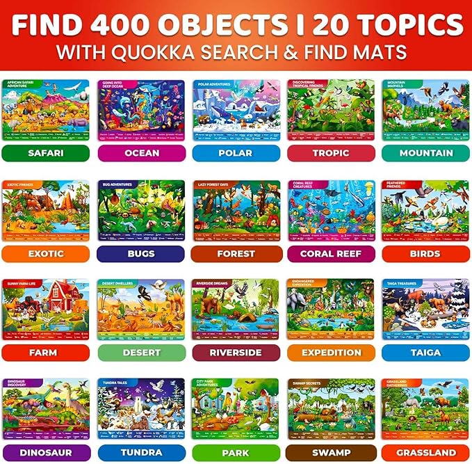 QUOKKA Busy Book Handwriting Practice for Kids - Search & Find - Activity Cards for Kids 3-8 – Reusable Mats with Dry-Erase Marker, Explore 20 Topics, Road Trip Activities, and Travel Games