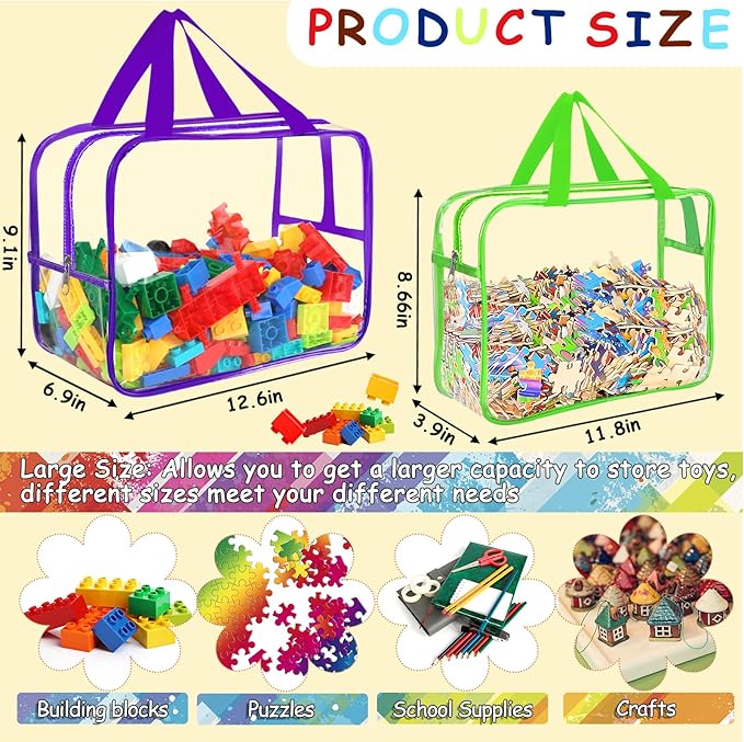 6 Colors Large Toy Storage Bags with Labels, Reusable Clear PVC Board Game Storage, Travel Waterproof Organizer Bags with Zipper for Building Blocks, Puzzle, Kids Books(3 large & 3 Extra Large)