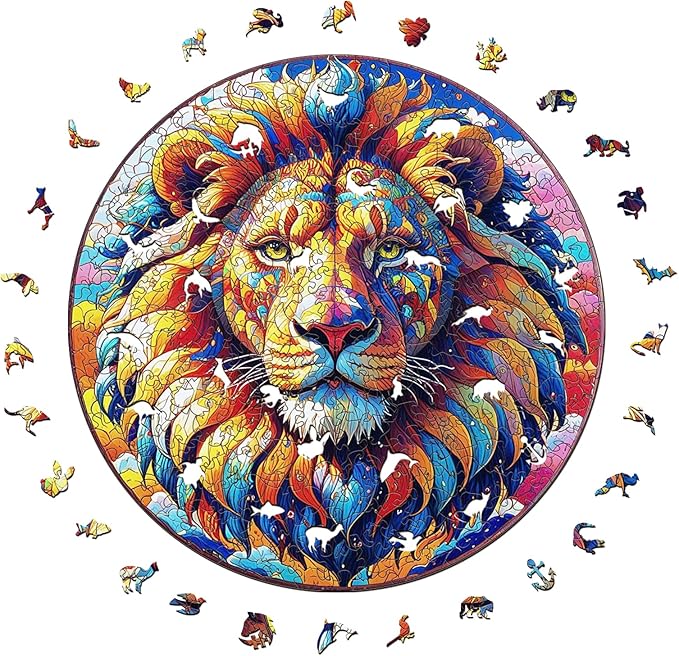 Wooden Puzzle for Adults – Unique Lion-Shaped Jigsaw, Animal Style Brain Teaser for Kids & Teens, 220 Pieces, 10"x10", Ships as Whole Puzzle Board (No Loose Pieces), Gift-Ready Box, Fun Family Game