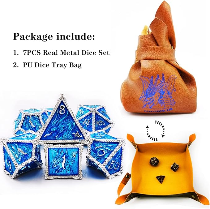 HAOMEJA Metal Dragon Dice Set DND 7 Set Dice Role Playing Dice D&D Dungeons and Dragons (Silver Blue)