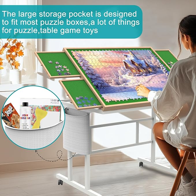 Jigsaw Puzzle Table 1500pcs,Puzzle Table with Legs and Storage Pocket,5 Adjustable Up Level Puzzle Tables for Adults with Drawers and Wheels,Wooden and Green Color
