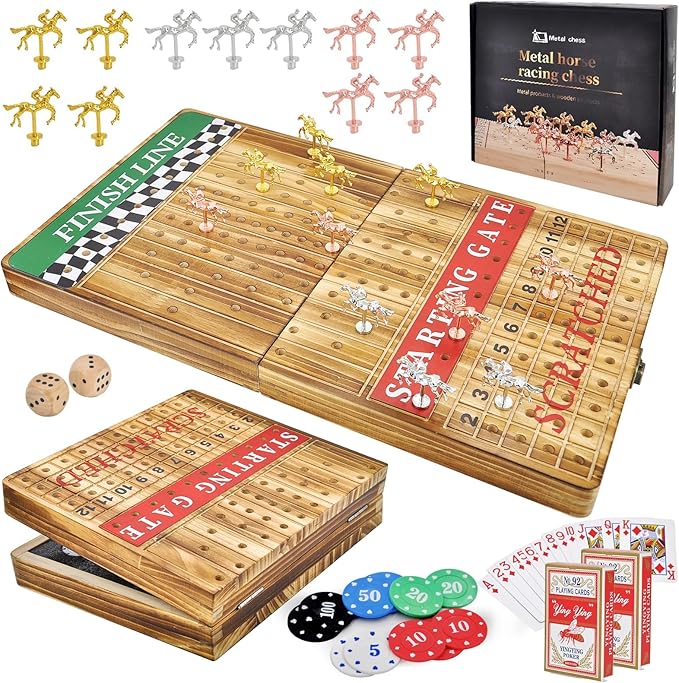 MerryPony 21 Inches Large Horse Racing Game with 11 Metal Horses, Foldable Solid Wood Horse Race Board Game with 100 Pcs Poker Chips 2 Dice and 2 Pack of Cards for Family Friends Camping Party