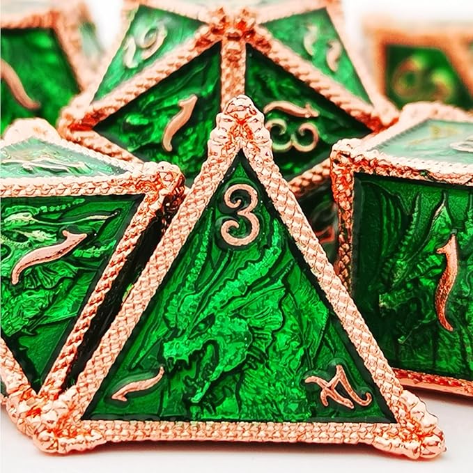 HAOMEJA DND Dice Metal Dragon Set Dice 7 Role Playing Dice D&D Solid Dice Dungeons and Dragons (Red Copper Green)