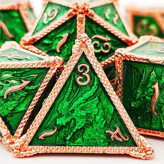 HAOMEJA DND Dice Metal Dragon Set Dice 7 Role Playing Dice D&D Solid Dice Dungeons and Dragons (Red Copper Green)