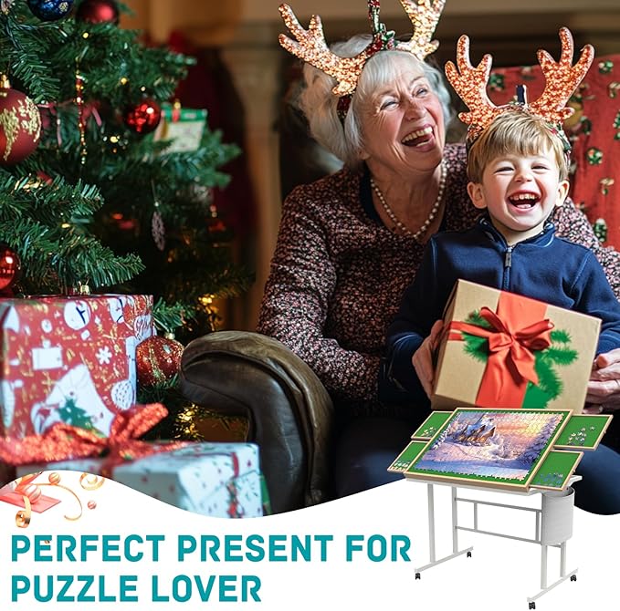 Jigsaw Puzzle Table 1500pcs,Puzzle Table with Legs and Storage Pocket,5 Adjustable Up Level Puzzle Tables for Adults with Drawers and Wheels,Wooden and Green Color