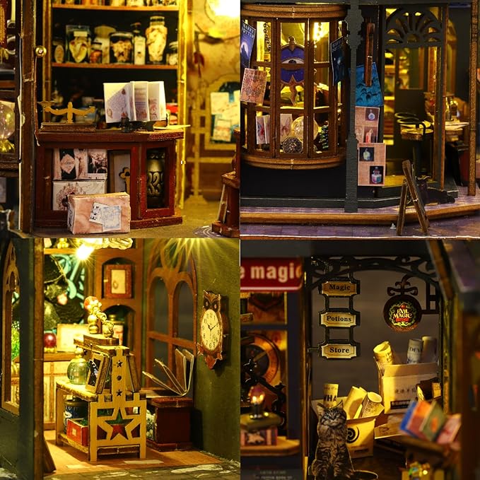 Miniature House Kit DIY Mini House Building Kit with LED Light, DIY Mini Dollhouse with Furniture Book Nook Kit, 3D Wooden Puzzle Wooden Bookend Shelf Insert Decro (Holo Magic City)