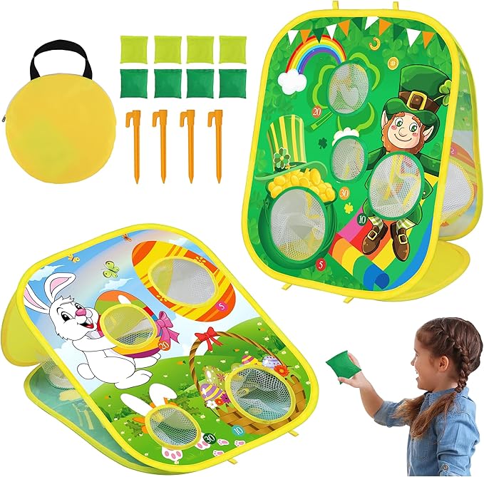 2 in 1 St Patricks Day Easter Bean Bag Toss Games for Kids, St Patricks Day Leprechaun Bunny Tossing Games Easter Gifts Party Favors for Kids Ages 4 8 Outdoor Yard Toys