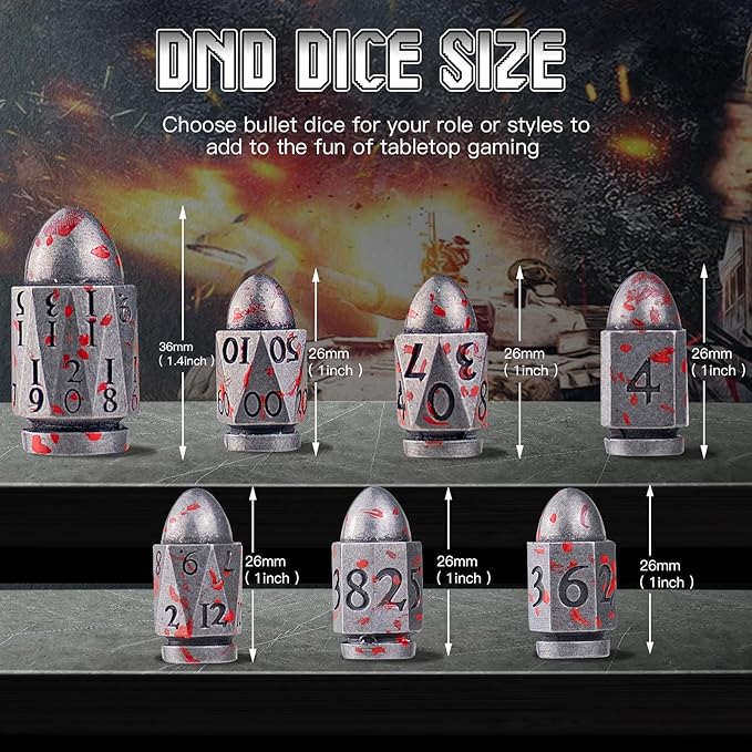 Bullet Dice,PCCECQEE D&D Dice for Dungeons and Dragons,Metal Dice Set of 7PC for Role Playing Game(SliverBlood)