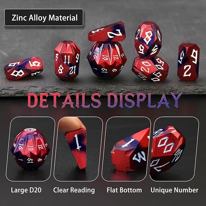 Metal Dice Set D and D for Dungeons and Dragon, Metal Polyhedral DND Dice with Cardboard Box Unique Cool RPG Dice for Role Playing Tabletop Games Gifts (Black Red)